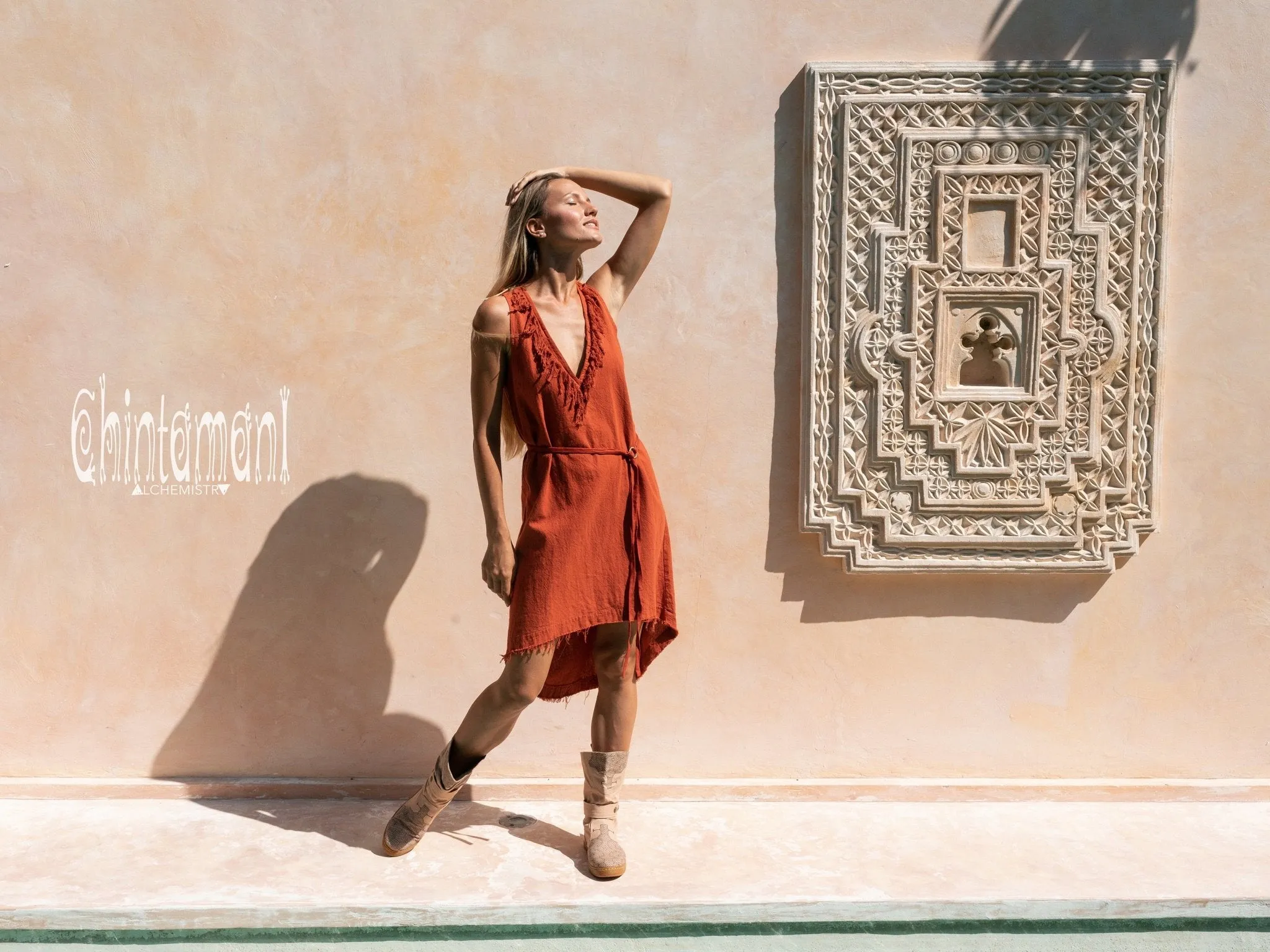 Vneck Raw Cotton Mini Tunic Dress with Belt and Fringes / Red Ochre