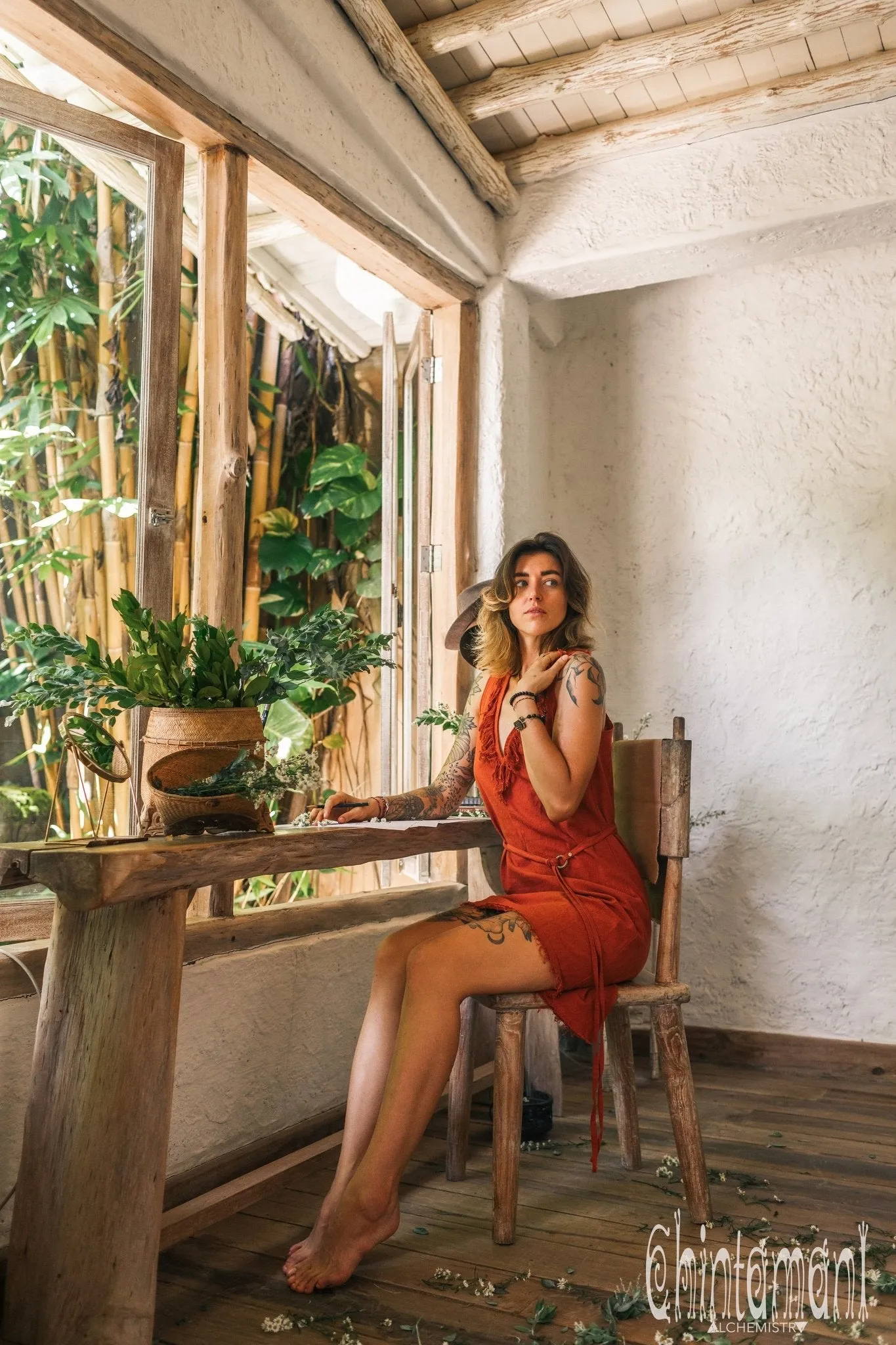 Vneck Raw Cotton Mini Tunic Dress with Belt and Fringes / Red Ochre