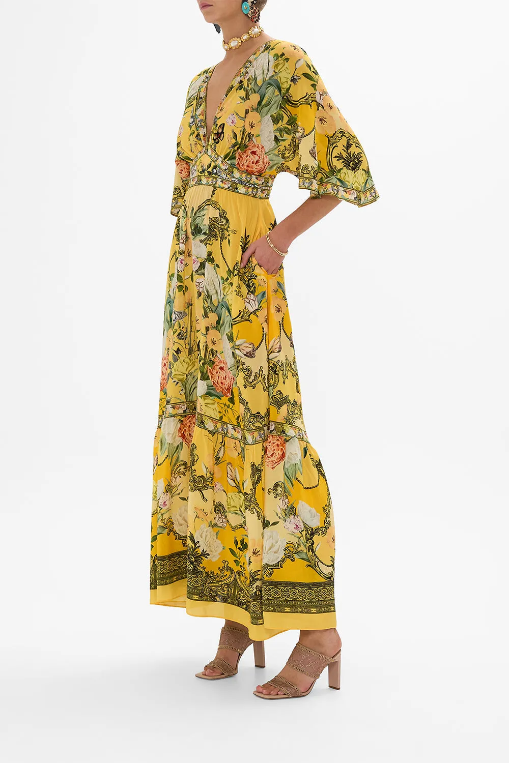 WAISTED DRESS WITH HEM RUFFLE PATHS OF GOLD
