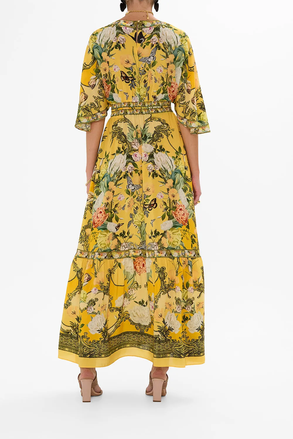 WAISTED DRESS WITH HEM RUFFLE PATHS OF GOLD