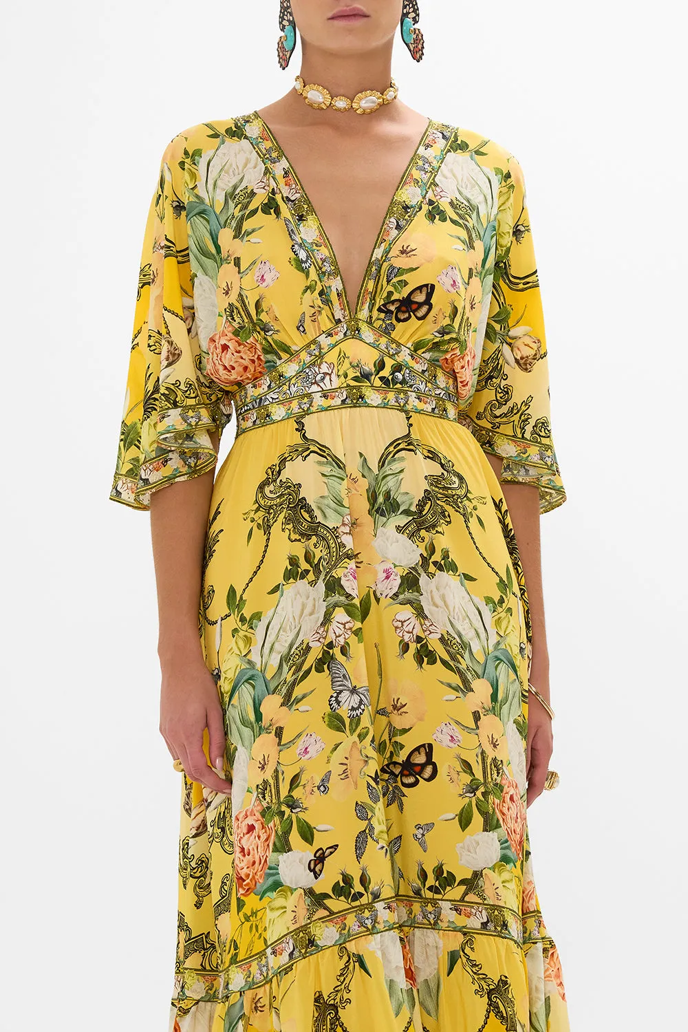 WAISTED DRESS WITH HEM RUFFLE PATHS OF GOLD