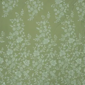 White Floral Bugle Beads Embroidered Lace on Tulle Fabric