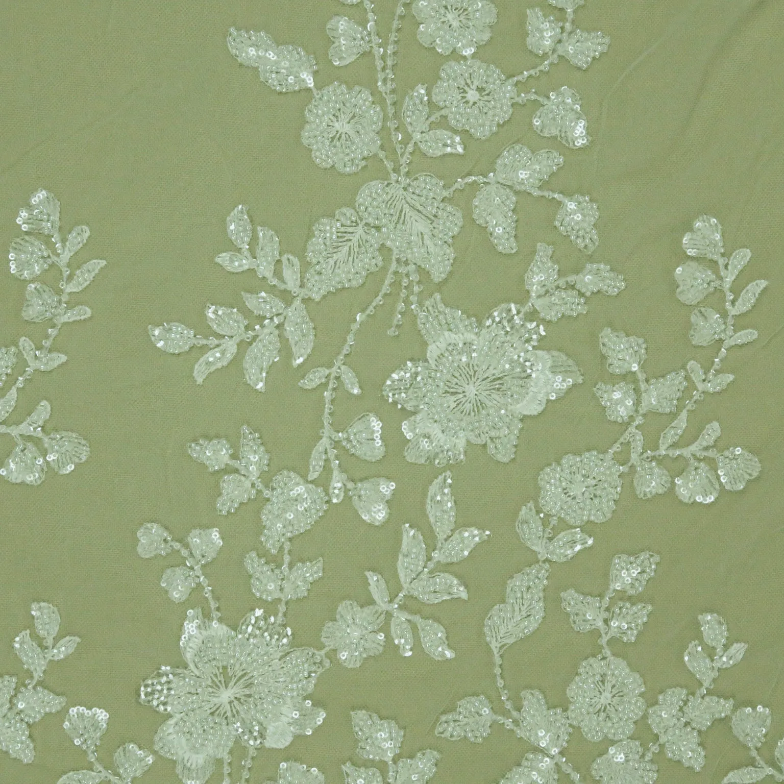 White Floral Bugle Beads Embroidered Lace on Tulle Fabric