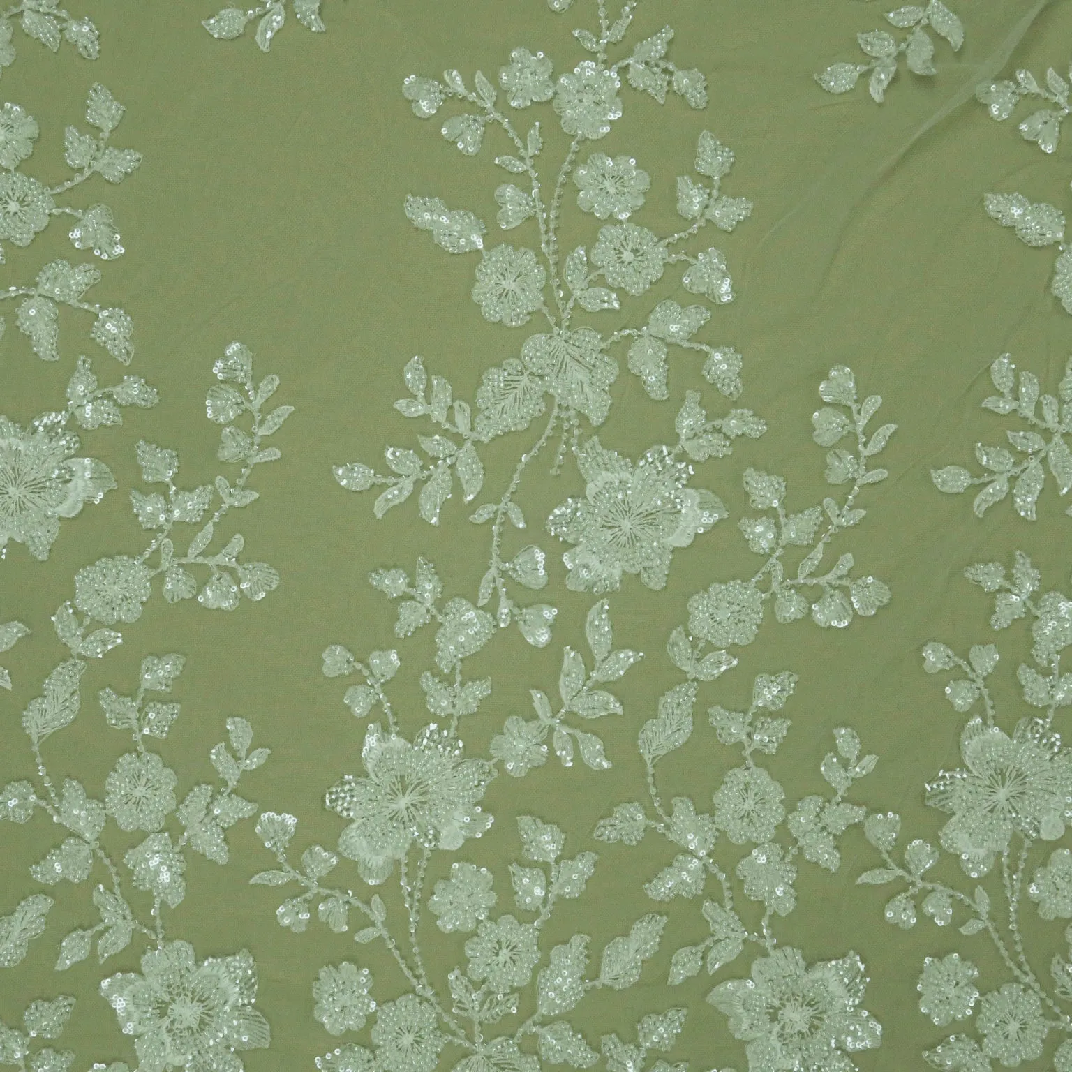 White Floral Bugle Beads Embroidered Lace on Tulle Fabric