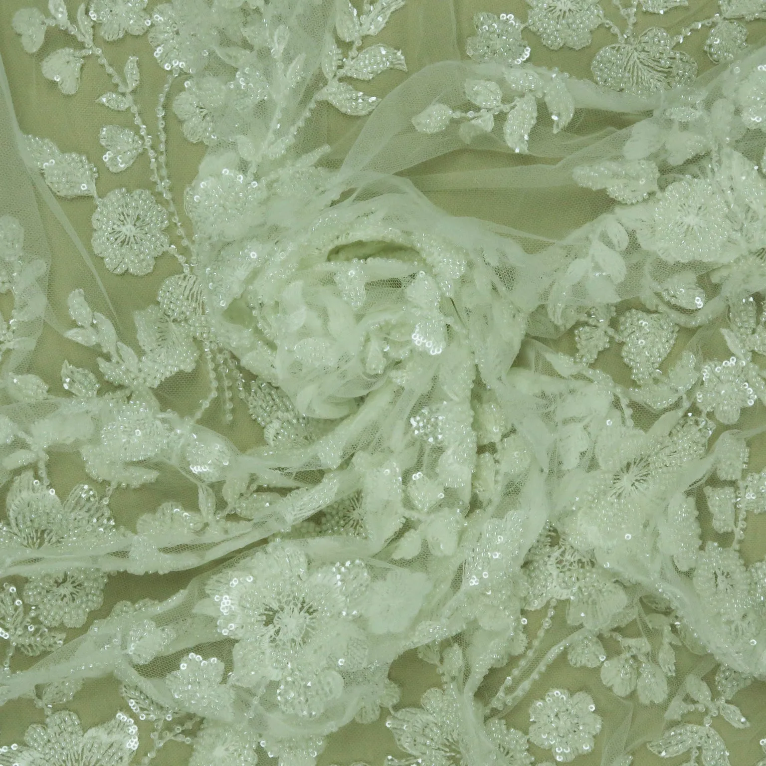 White Floral Bugle Beads Embroidered Lace on Tulle Fabric