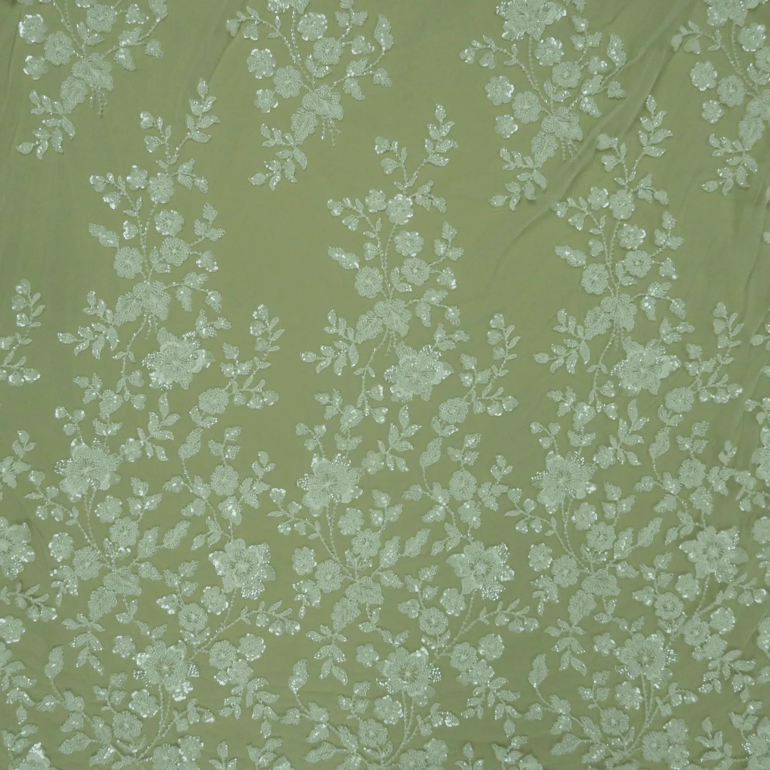 White Floral Bugle Beads Embroidered Lace on Tulle Fabric