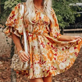 Women's Floral Ruffled Puff Sleeve Mini Dress in Green