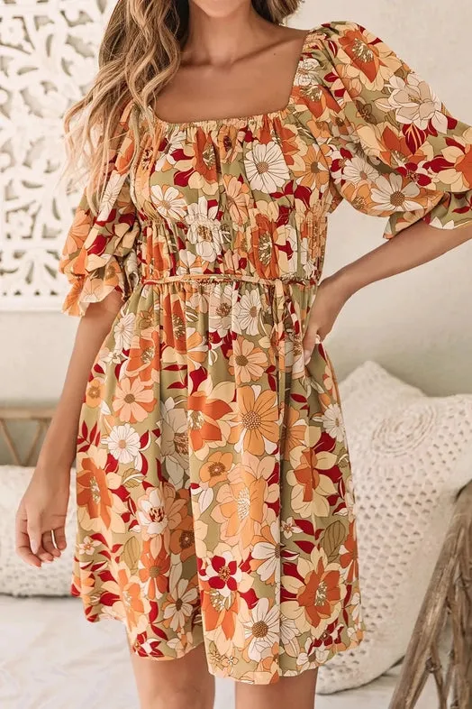 Women's Floral Ruffled Puff Sleeve Mini Dress in Green